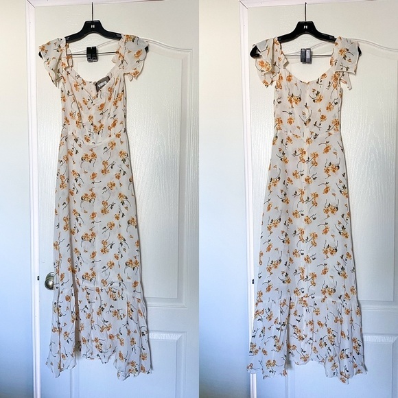 Reformation Dress Butterfly Floral Ruffle Off-Shoulder Midi Limonada 2 EUC - Picture 2 of 6